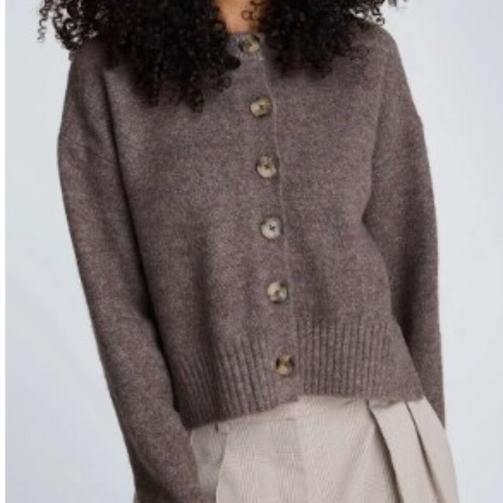 Kenneth Cole Women's Crewneck Button Up Cardigan in Mink Taupe Melange, Size L